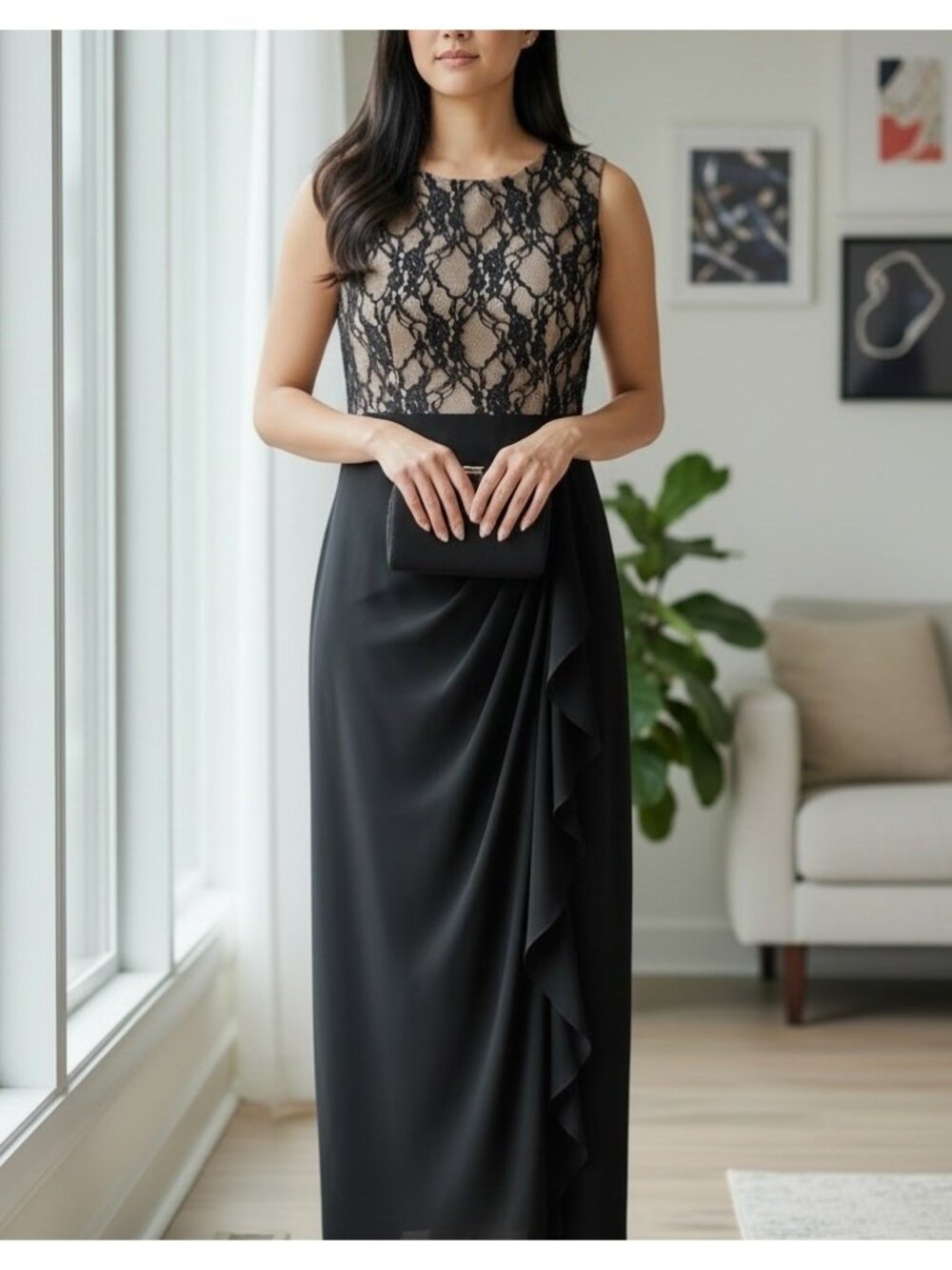 Chaps Black Maxi Dress Lace Overlay Nude Illusion Cascading Cocktail Evening